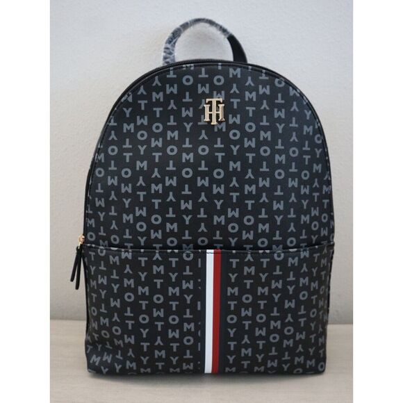 Tommy Hilfiger 69J9675-001 Unisex Black PU Leather Monogram Backpack - Picture 1 of 11